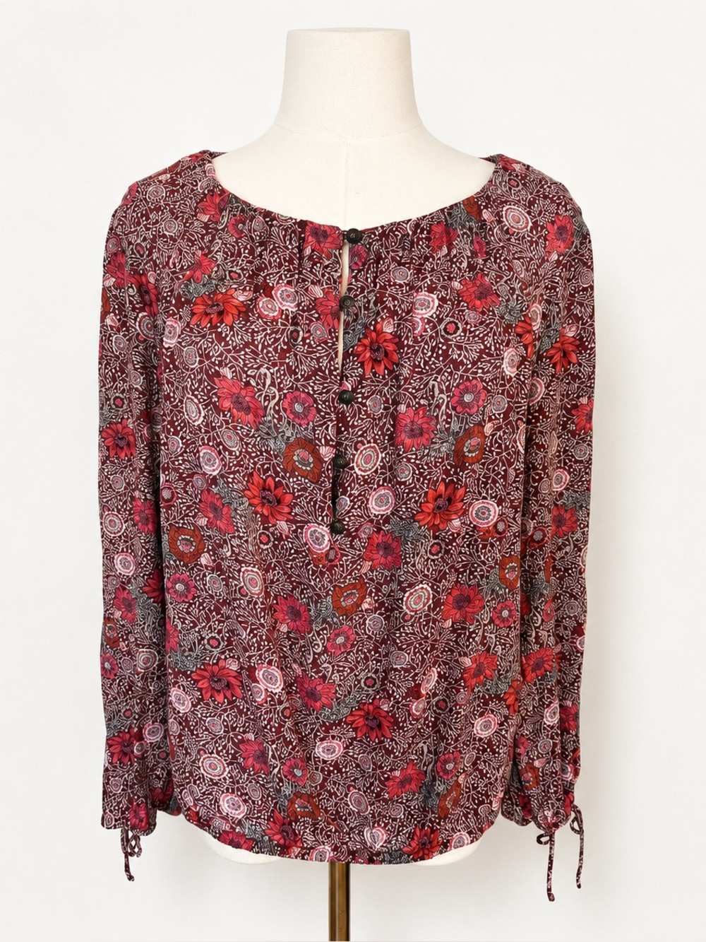 Lucky Brand Bohemian Floral Print Top M Burgundy Pink Peasant Blouse Cottagecore